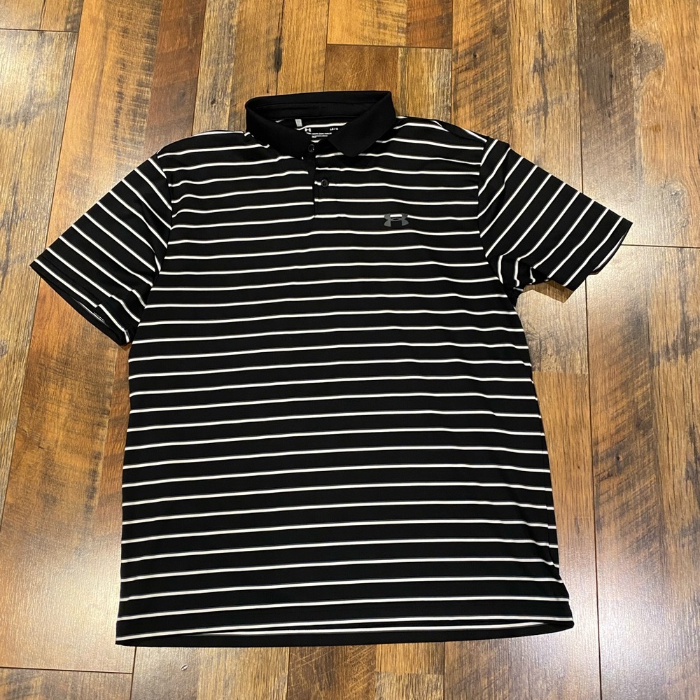 Black and white striped underarmour golf polo